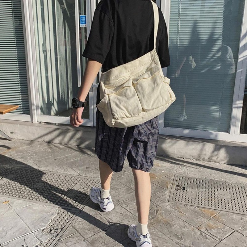 Canvas Messenger Bag Large Capacity Hobo Crossbody Bag with Multiple