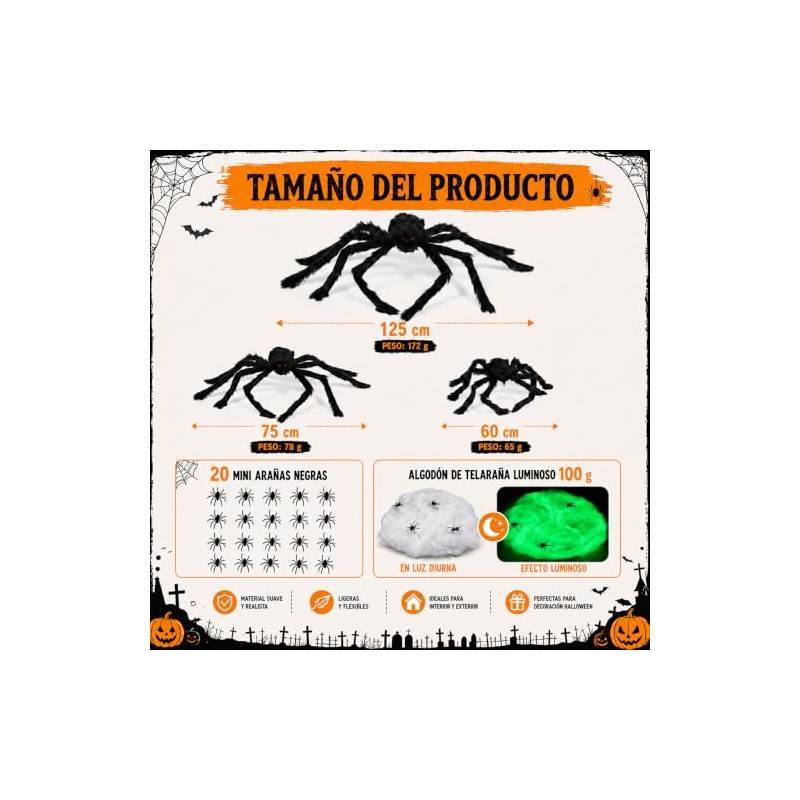 Araña Gigante Halloween Decoracion con Telaraña Elástica Luminosa 100g