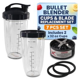 Bullet Blender Cups 32 oz - 7 PCs Blender Cup Replacement Set Compatible with 600W and Pro 900W High-Speed Systems - Stainless Steel Extractor Blade for Mixing, Smoothies, Juicing, and More