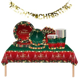 70PCS Christmas Party Tableware Set,Red Green Christmas Disposable Plates Napkins Cups Tablecloth and Merry Christmas Banner,Xmax Dinnerware Xmas Party Table Decorations for Christmas Party Supplie