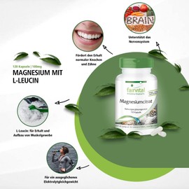 Fairvital Magnesium Capsules – High Dose – 100 mg Elementary Magnesium per Capsule – Made of Magnesium Citrate – Vegan – 120 Capsules