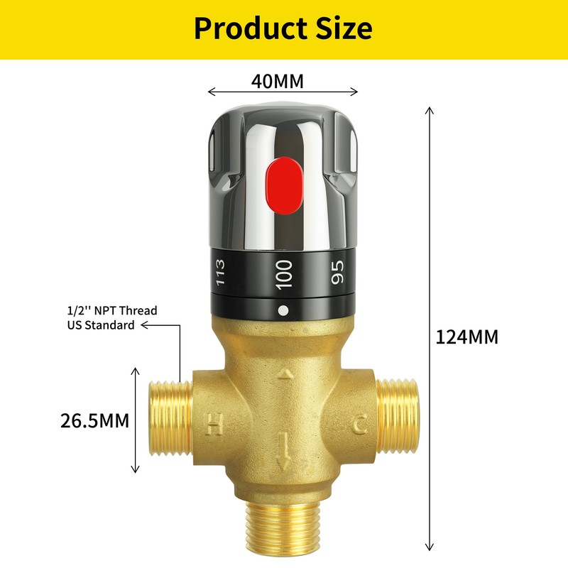 FUGO Thermostatic Mixing Valve, 1/2 NPT Solid Brass Temperature Control