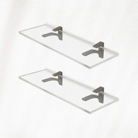 Clear Acrylic Shelves 14.5 inches, 3/4" Thick Transparent Wall Mounted Floating Shelves for Bedroom, Living Room, Bathroom, Kitchen -‎ with Screws and Brushed Nickel Finish Brackets, Pack of 2