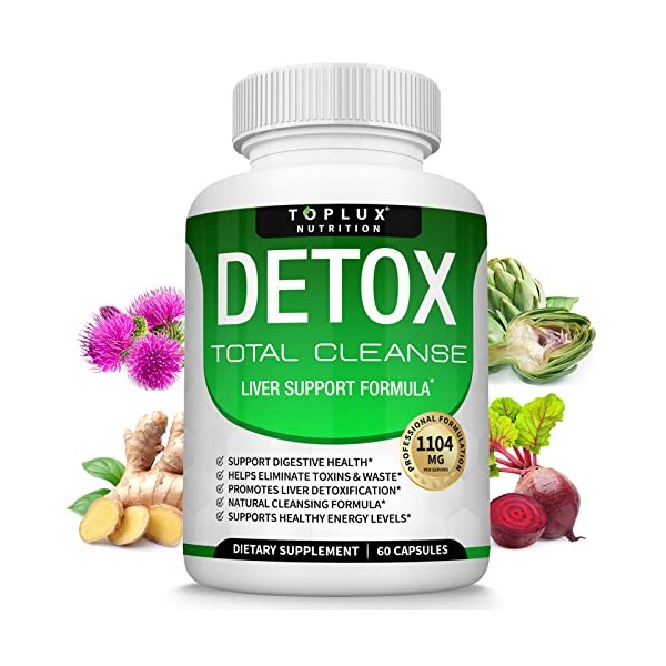 Detox Cleanse Liver Colon Cleanser Body Detoxifier - Natural 5 Day Detox, Support Digestion System, Flush Toxins & Urinary Tract, Milk Thistle Extract, for Men Women, 60 Capsules, Toplux Nutrition