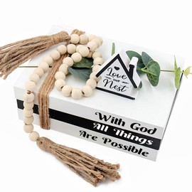 Wood Decorative Books for Home Decor,Rustic Farmhouse Book Stack Wood Faux Books for Living Room Book Shelf Decor Decorative Books Display with Wood Bead Tassels and Leaves for Home Decor (all things)
