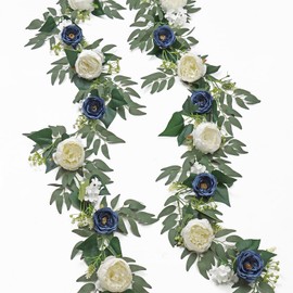 SOMYTING 2pcs Artificial Eucalyptus Flower Garland with Fake Rose Flower Vine Seeded Eucalyptus Leaves Greenery Garland for Wedding Table Backdrop Party Centerpiece Room Decor (Blue & White)