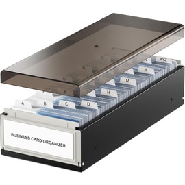 MaxGear Business Card Holder for Desk, Large Plastic Business Card Organizer Box, Credit Cards Holder File Box Storage, Capacity: 800 Cards (3.5” x 2.2”), A-Z Tabs, Metal Structure, Black