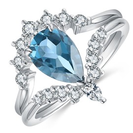 IRROYA 925 - Juego de anillos de boda de 1,5 quilates, 6 x 9 mm, corte de pera, natural, color azul, topacio, regalos únicos para mujeres, Metal, Topacio azul de Londres