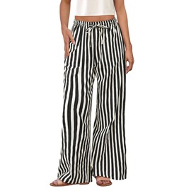 PRETTYGARDEN Women's Wide Leg Lounge Pants Spring Summer Drawstring Elastic Waist Comfy Striped Pajama Bottoms Trendy Clothes (Striped White Black,Large)