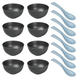 Flewdart 8pcs Reusable Plastic Thicken Bowl 700ml with 8 Spoons, Large Reusable Plastic Bowl Lunch Bowl for Kitchen and Camping (Black)