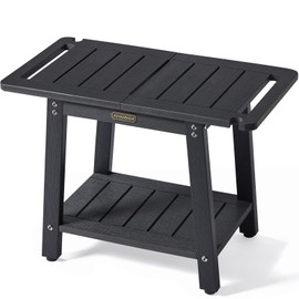 HDPS Shower Benches, Black Shower Stool for Shaving Legs with Shelf, Waterproof Bathroom Chair Seat, Weather Resistant/Non-Slip/Handles/Indoor or Outdoor Use