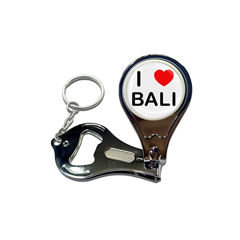 I Love Bali Nail Clippers Bottle Opener Metal Keyring, silver