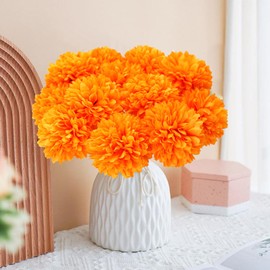 Giaueoa 12 Pcs Orange Artificial Chrysanthemums Fall Flowers Silk Marigold Fake Mums Flowers for Home Party Centerpiece Vase Decor