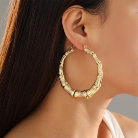 Kwkppz 18K Gold Plated Bamboo Hoop Earrings for Women – Large Round Heart Design, 80/90s Ghetto Door Knocker Style, Trendy Hip Hop Jewelry Accessories (Gold Hoop 50mm)