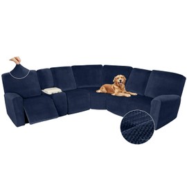 Arfntevss Sectional Recliner Couch Covers Velvet Washable Corner Sectional Sofa Cover for Reclining Couch Stretch Soft Thick L Shape Recliner Slipcover Set (5 Seat with 1 Console Cover, Navy Blue)