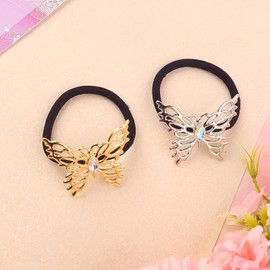 Butterfly Hair Ties for Women, Gold Silver Metal Hair Cuffs Hair Accessories Elastic Hair Ties Ponytail Cuffs Butterfly Hair Bands for Both Thick Hair and Thin Hair 2pcs