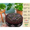 Black Round Pouf Ottoman Cover with Velvet Embroidery - Soft