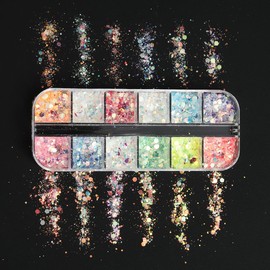 12Grids Colorful Holographic Nail Art Glitter Sequins Shiny Hexagon Nail Glitter Mermaid Nail Powder Mixed Iridescent Noctilucent Confetti Nail Sequin Flakes for Women Acrylic Nail Decoration Charms