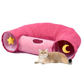PAOPO Cat Tunnel, Large Indoor Durable Collapsible Interactive Cat Tube with Peek-A-Boo Hole, Hanging Toys, and Crinkly Paper Lining - Cute Tunnel for Cats, Kittens, Puppies & Rabbits, Pink