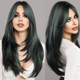7JHH WIGS Long Straight Wigs with Curtain Bangs,Green Highlight Layered Wig for Women Synthetic High Density Heat Resistant Hair Wig for Daily Party 24 Inches