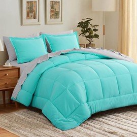 7-Piece Modern Elegant Bed in a Bag Fluffy Down Comforter King Size | All Season Reversible Box Stitched Pattern Cool Turquoise Light Gray Solid Color | Soft Cozy Thick Luxury Bedding Comforter Sets