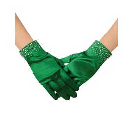 Women Short Pearl Satin Tea Party Gloves Costumes Stretchy Sparkly Glitter Wrist Length Gloves Dark Green