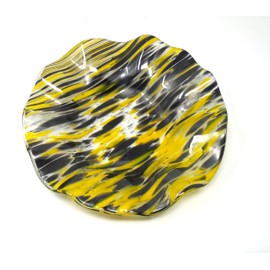 Yellow Black and Clear Streaky Ruffled Rim Bowl 11.25 inch Handcrafted Fused Glass
