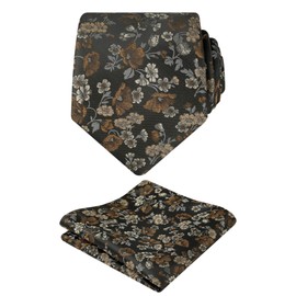 Alizeal Mens Floral Patterned Tie with Pocket Square Stylish Unique for Business Wedding Party Necktie Set, Black+Brown