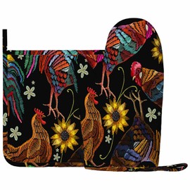 Mxocom Rooster Heat-Resistant Oven Mitts and Pot Holder Beautiful Classical Embroidery Chicken Rooster and Sunflowers Kitchen Non-Slip Cooking Microwave Gloves for Cooking Baking Grilling