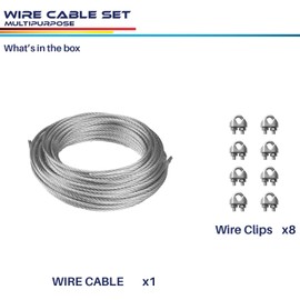 Windscreen4less Shade Sail Wire Rope and 8 Pcs Clips, Wire Cable Galvanized Metal Clamp, 3/16-Inch x 168 Feet
