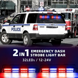 PKINGLAKE 2 in 1 LED Emergency Dash Strobe Light Bar Front/Rear Windshield Safety Flashing Warning Hazard Interior Lights for Police Firefighter Construction Vehicles Trucks (2x14 inch, Blue/Red)