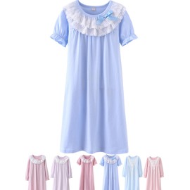 ABALACOCO Girls Nightgown Sleepwear Dress Princess Lace Cotton Pajamas Pretty Long Sleeve Homewear for Kids (4-5 Years, Blue/Short)