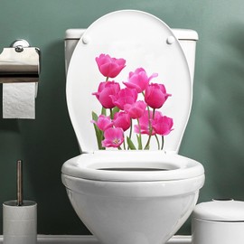 Pink Tulip Flower Toilet Lid Seat Cover Decal Sticker, Pinkish Floral Decor Vinyl Removable Waterproof Wallpaper Mural for Bathroom Bathtub Lavatory Washroom