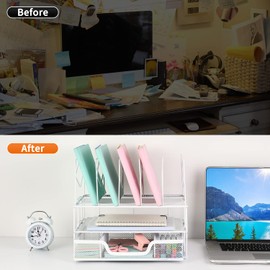 gianotter Desk Organizers and Accessories, Office Supplies Organizer with Sliding Drawer, Double Tray 5 Upright Section ​File Sorter (White)