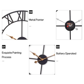 16 Inch Outdoor Clock, Large Metal Wall Clocks Battery Operated Silent Non Ticking, Industrial Modern Minimalist Indoor Outside Roman Numeral Clocks for Living Room, Kitchen, Patio, Pool Decor - Black