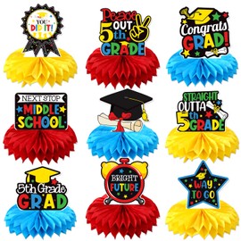 5TH Grade Graduation Honeycomb Centerpieces, 5th Grade Graduation Decorations 2025, Boys Girls Fifth Grade Grad Party Supplies, Elementary School Grad Party Decorations - 9Pcs