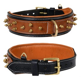 Leatherific Spike Dog Collar | Spiky Series | Premium Genuine Bridle Leather, Heavy Duty, Padded, Strong | for Medium, Large, XL Breeds | Black Brown Color | 2" Wide (Neck Size 14"-18", Walnut)