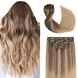 Clip in Hair Extensions Human Hair Balayage Golden Brown to Light Blonde 16 Inch 100g 6pcs Clip in Extensions Thick Extensions C16#10/16/16