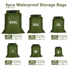 VFANDV Waterproof Storage Bags, Pack of 6, 1.5/2.5/3/3.5/5/8L Waterproof Bag, Lightweight Dry Bag, Dry Bag, Pack Sack, Waterproof Water Sports Bags, Green, Dry bag