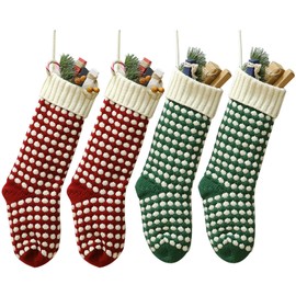 Guojanfon Christmas Stockings 4 Pack,18" Unique Burgundy and Green Knit Christmas Stockings Dots Style (Length 18",Pack 4)