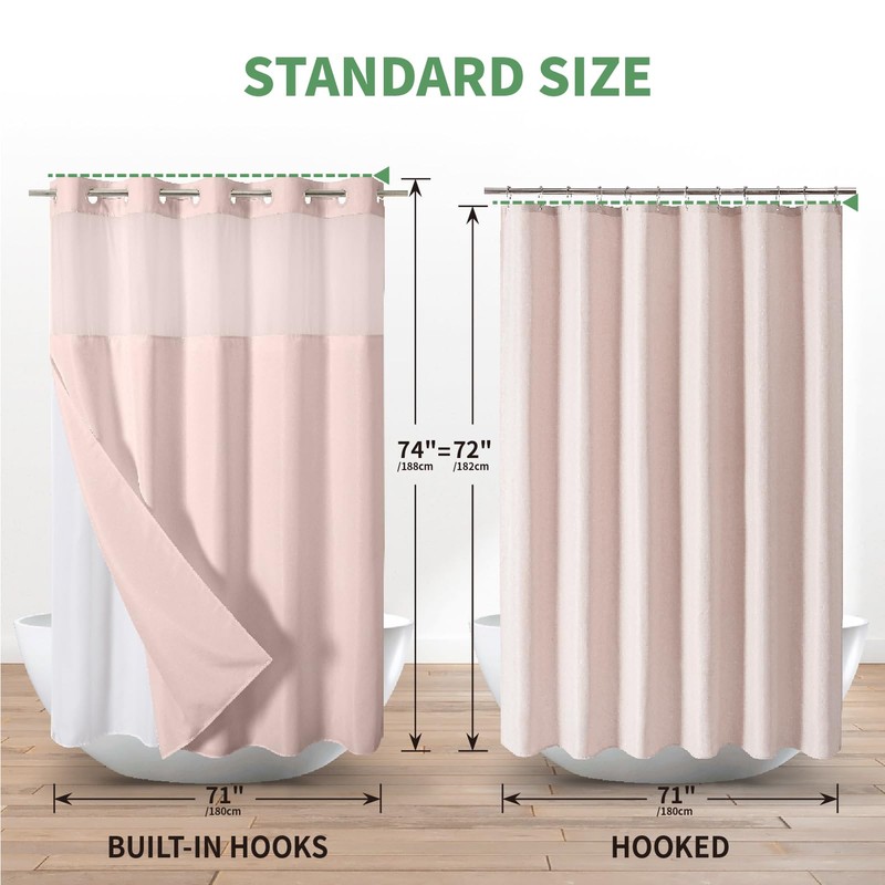 Blush No Hook Shower Curtain with Snap-in Fabric Liner Set,Slub
