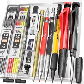 Nicpro 17PCS Construction Pencil Set, Mechanical Carpenter Pencils with 57 Refill, Automatic Center Punch and Carbide Scribe Woodworking Tool, Heavy Duty Construction Pencils for Carpenters, Architect