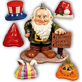 CE-AS 6-PC Garden Gnome Greeter Figure with 5 Seasonal Holiday Hats Set 10" H