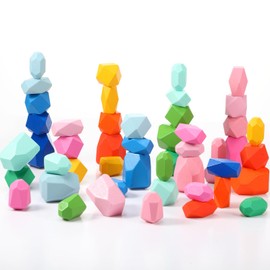 Jenaai 60 Pcs Stacking Rocks Montessori Toys for 1+ Year Old Colorful Wooden Balance Stones Baby Easter Basket Stuffers Blocks Sensory Games Preschool Learning Educational Puzzle Toys(Gradient Color)