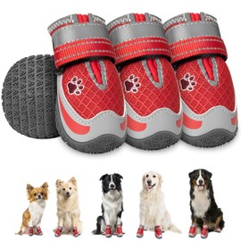 Eyein Pack of 4 Dog Shoes, Mesh Breathable Dog Shoes, Paw Protection with Non-Slip Sole for Hot Summer Floors, Reflective Dog Shoes for Night Walks Outdoors, Red, Size 4