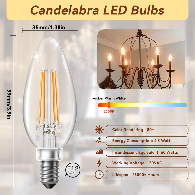 TJOY LED Candelabra Bulbs Dimmable, 60W Equivalent Chandelier Light Bulb,