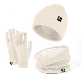 Enwokran 3 In1 Winter Beanie Hat Scarf Gloves Set Thermal Warm Knitted Beanie Cap Soft Fleece Brushed Inner Lining Elastic Circle Neck Warmer Thicken Touchscreen Gloves Winter Set (Off White)