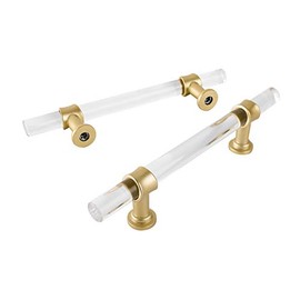 20 Pack goldenwarm Kitchen Cabinet Handles Gold Drawer Handles - Crystal Acrylic with Brushed Brass 5" Hole Centers Handles for Cabinets Dresser Cupboard Wardrobe