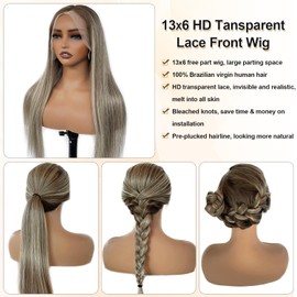 Balayage Ash Blonde Highlight Lace Front Wig Human Hair for White Women 28 Inch 180% Density 13x6 HD Transparent 613 Bleach Blonde Highlights Glueless wigs Remy Hair Lace Frontal Wig Pre Plucked