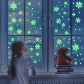 VntMQP Pack of 146 Enhanced Fluorescent Snowflake Christmas Window Static Luminous Stickers, Glow-in-the-Dark PVC Snowflake Christmas Decorations, Snowflake Stickers
